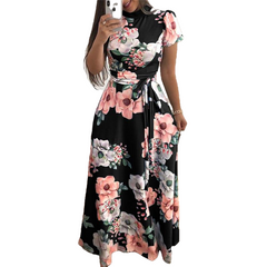 Boho Floral Print Casual Short Sleeve Long Maxi Dress - Sheseelady