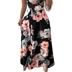 Boho Floral Print Casual Short Sleeve Long Maxi Dress - Sheseelady