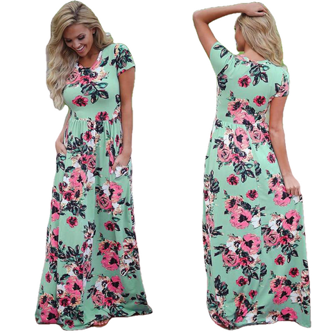Plus Size Short Sleeve Summer Floral Print Long Maxi Dress