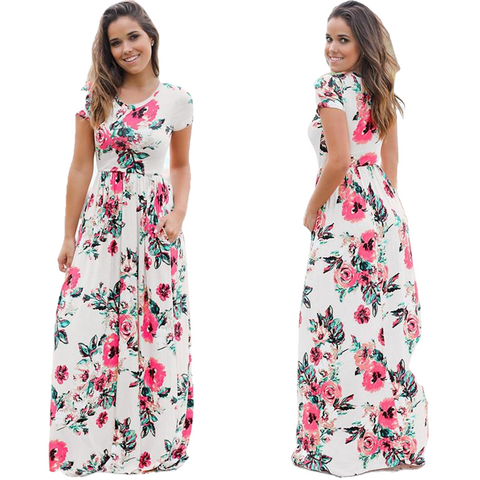 Plus Size Short Sleeve Summer Floral Print Long Maxi Dress