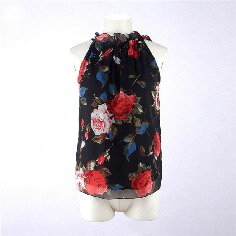 Floral Print Sleeveless Tops Loose Female Casual Blouses - Sheseelady