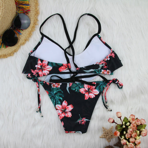 Floral Print Sexy High Waist Bandage Push Up Brazilian Swimsuit For Women