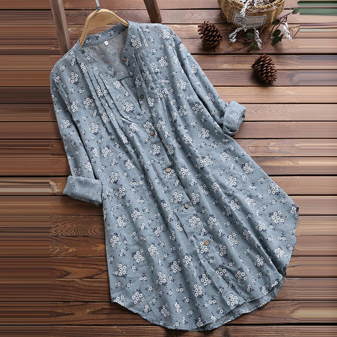V-Neck Pleated Floral Print Long Sleeve Casual Tops Blouse