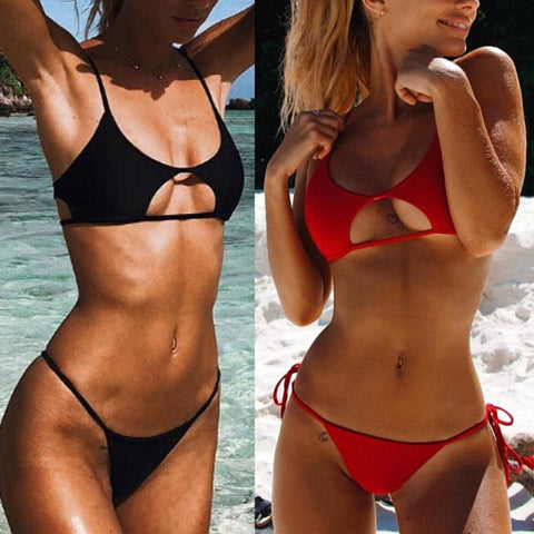 Solid Color Sexy Women's Split Bandage Hollow Out Push-Up Beachwear