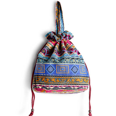 Women Ethnic Canvas String Bucket Bag Crossbody