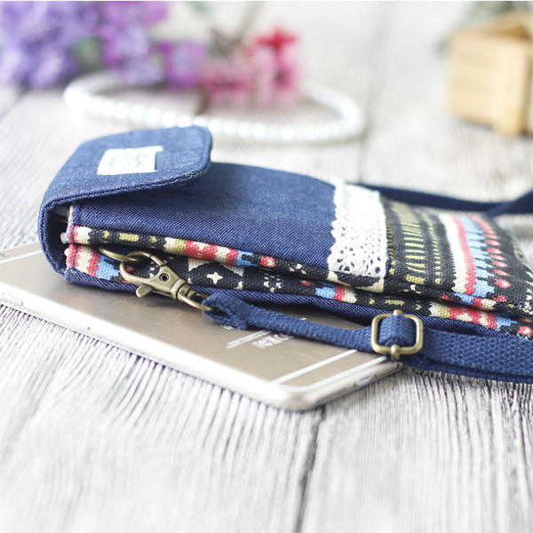 Women Denim Three Interlayers Flower Printing Mini Shoulder Bags Lace Crossbody 6.0'' Phone Bag