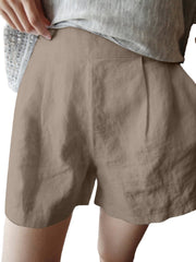 Solid Pocket Ruched Cotton Casual Shorts