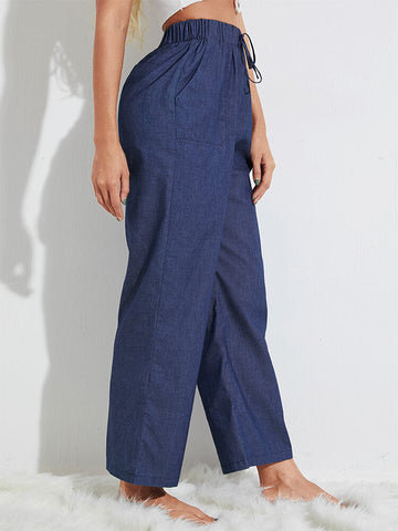 Women Solid Color Drawstring Mid Waist Jeans Casual Wide Leg Pants With Pocket