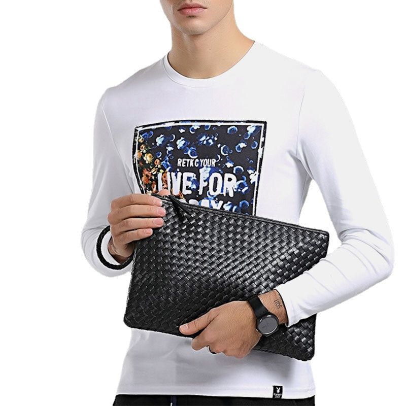 Unisex Faux Leather Woven Pattern Solid Color Business A4 Paper File Bag Envelope Bag Clutch Bag