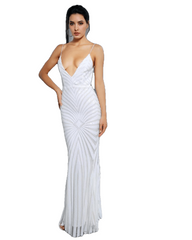 Love&Lemonade White Deep V Neck Open Back Geometry Sequins Long Dress  LM81225 Autumn/Winter