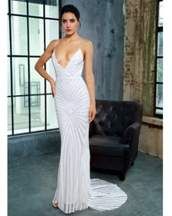 Love&Lemonade White Deep V Neck Open Back Geometry Sequins Long Dress  LM81225 Autumn/Winter