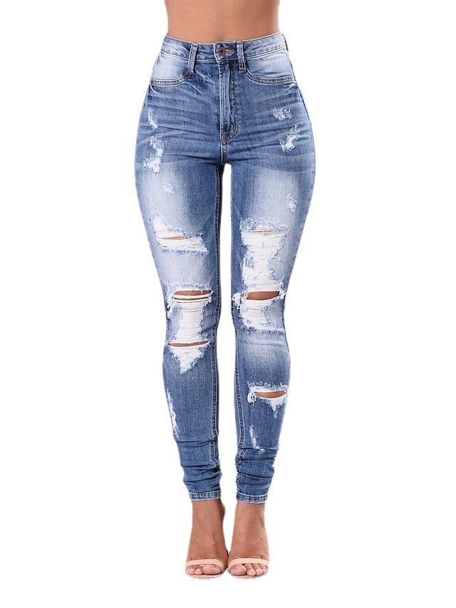 Fashion Women's Jeans Side Pockets Cut Out Micro-elastic Comfort Plain Pants