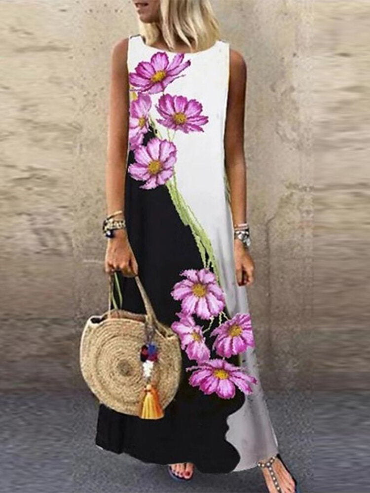 Women Flower Print Contrast Stitching Sleeveless Holiday Casual Maxi Dresses