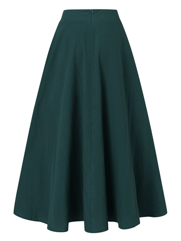 Women Solid Color Back Zip Pleated Casual Swing Skirts With Pocket