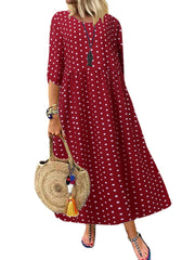 Women Loose O-neck Polka Dot 3/4 Sleeve Maxi Dress