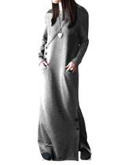 Women Solid Color Side Split Long Sleeves Button Maxi Dresses With Pocket