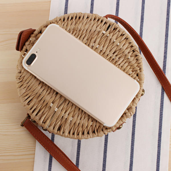 Women Round Woven Straw Crossbody Bag Solid Beach