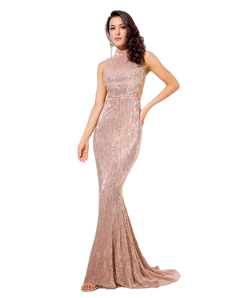 Love&Lemonade   Champagne Collar Side Cut Out Fishtail Slim Elastic Sequins Long Dress LM1152