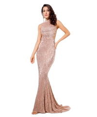 Love&Lemonade   Champagne Collar Side Cut Out Fishtail Slim Elastic Sequins Long Dress LM1152