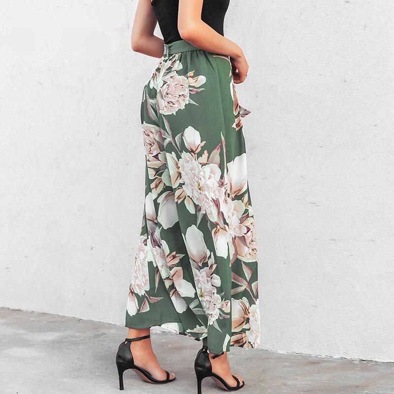 Sash Floral Print Wide Leg Elastic Loose Boho Casual Pants For Women