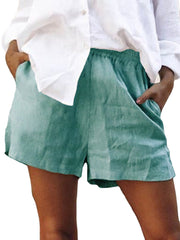 Women Cotton Solid Color Elastic Waist Shorts