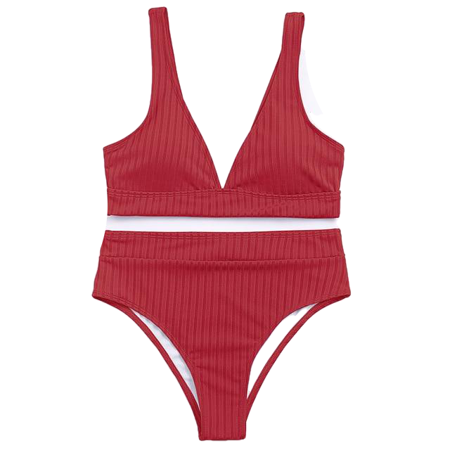 Stylish Spice Girls' Solid Ribbed High Waist V-neck Swimsuit