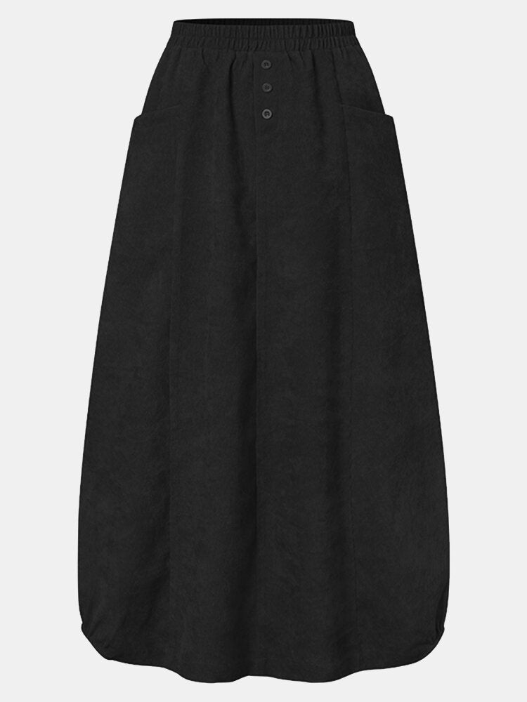 Women Corduroy Button Trim Elastic Waist Solid Retro Skirt With Pocket