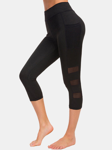 Women Mesh Patchwork Bodycon Cropped Yoga Sport Leggings With Pockets