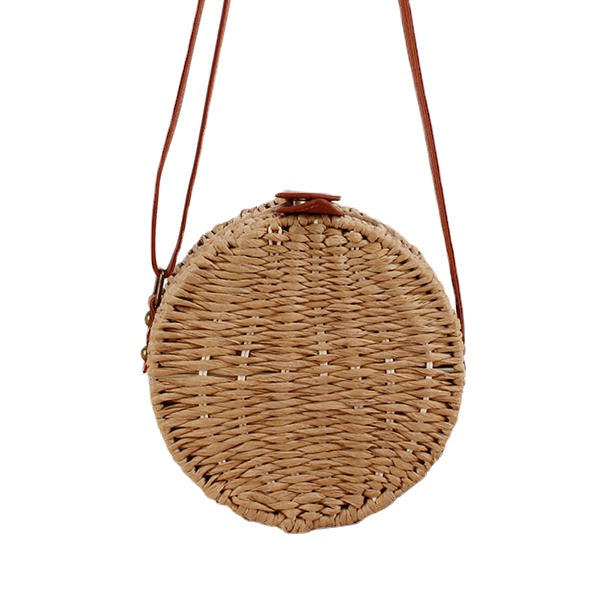 Women Round Woven Straw Crossbody Bag Solid Beach