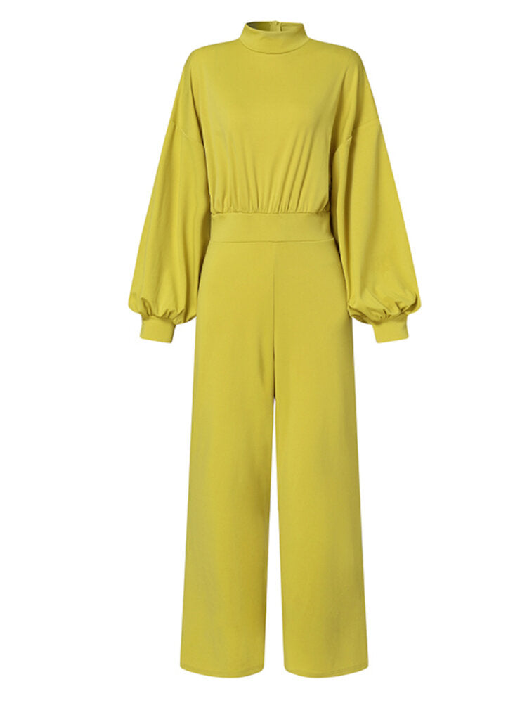Women Puff Sleeve Solid Ankle LengthZipper O-Neck Casual Jumpsuits