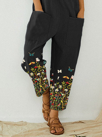 Butterfly Flower Print Strap Button Pocket Casual Jumpsuit Overalls For Women
