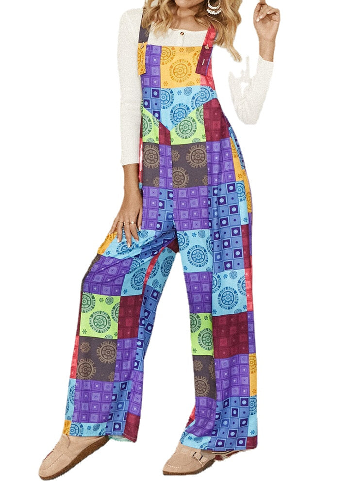 Women Sleeveless Colorblock Ethnic Casual Jumpsuit With Side Pocket