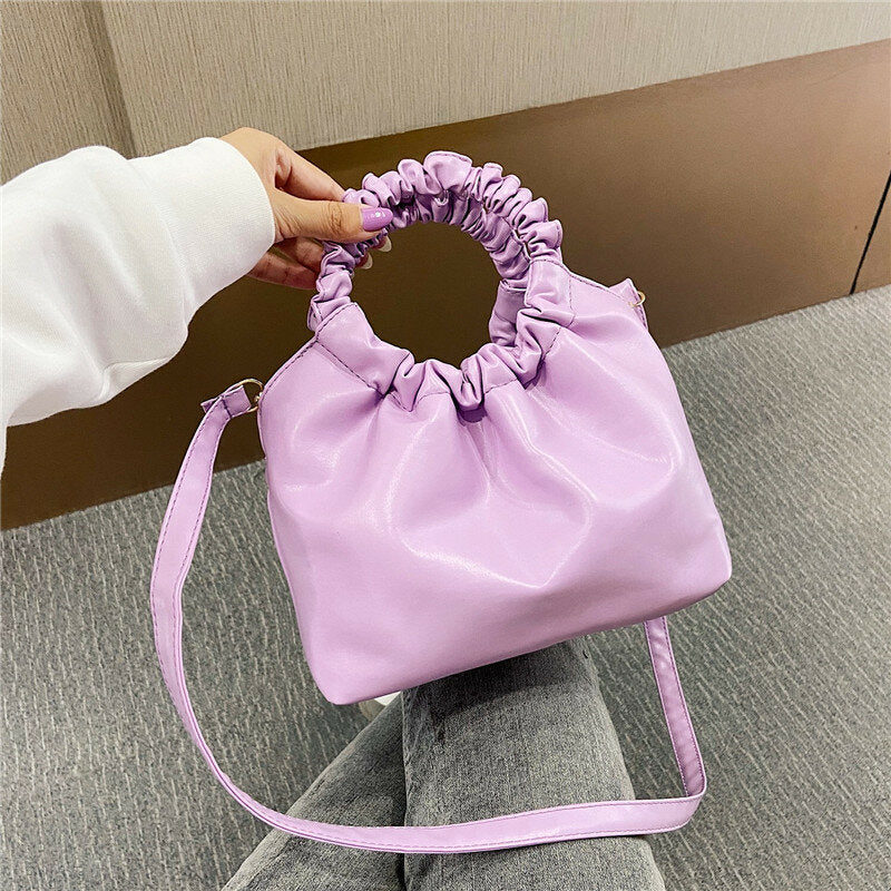 Women PU Leather Solid Color Shell-Shape Ruched Bag Handbag Satchel Shoulder Crossbody