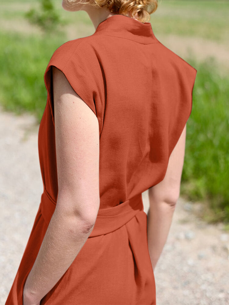 Solid Sash V Neck Pocket Sleeveless Casual Cotton Jumpsuit