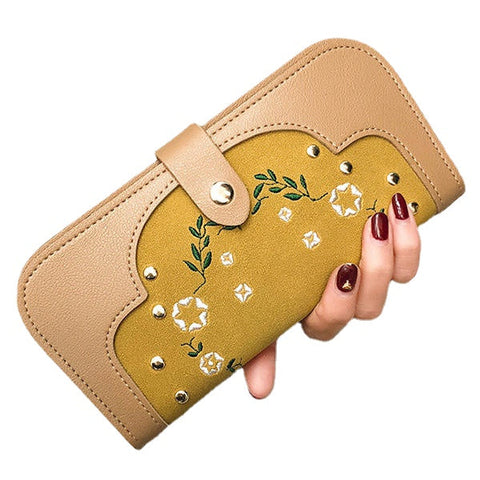 Women Dull Polish PU Leather Flower Pattern Long Wallet Card Holder Purse