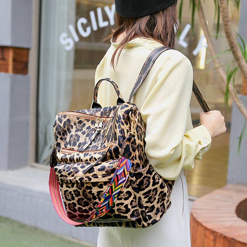 Women Faux Leather Leopard And Flowers Pattern Fashion Casual Backpack