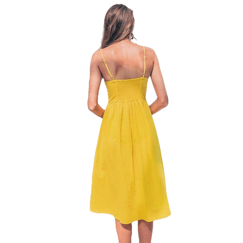 Elegant Pocket Polka Dots Yellow Cotton Midi Dress - Sheseelady