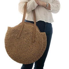 Round Straw Handmade Woven Shoulder Bag Raffia circle Vacation Casual Bags