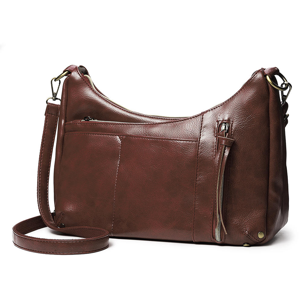 Women Multi-pockets Solid Wax Oil Skin Faux Leather Shoulder Bag Crossbody