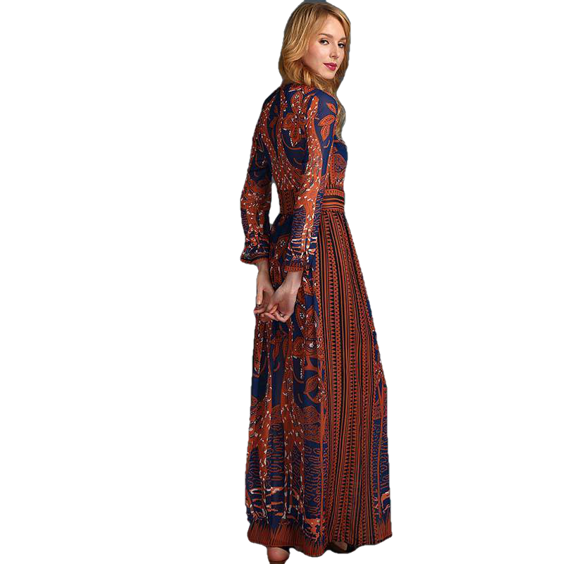 Fashion Women Long Chiffon Long Sleeve Print Maxi Dress - Sheseelady
