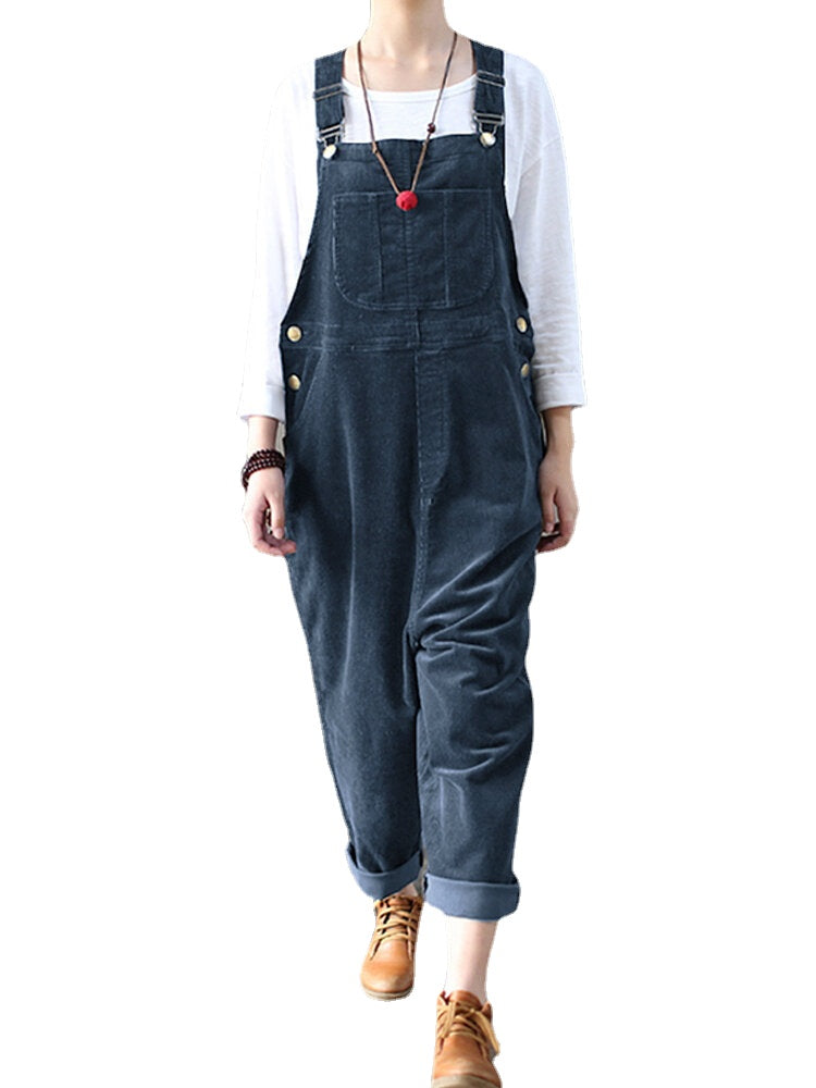 Corduroy Sleeveless Loose Button Causal Side Pocket Jumpsuit For Women