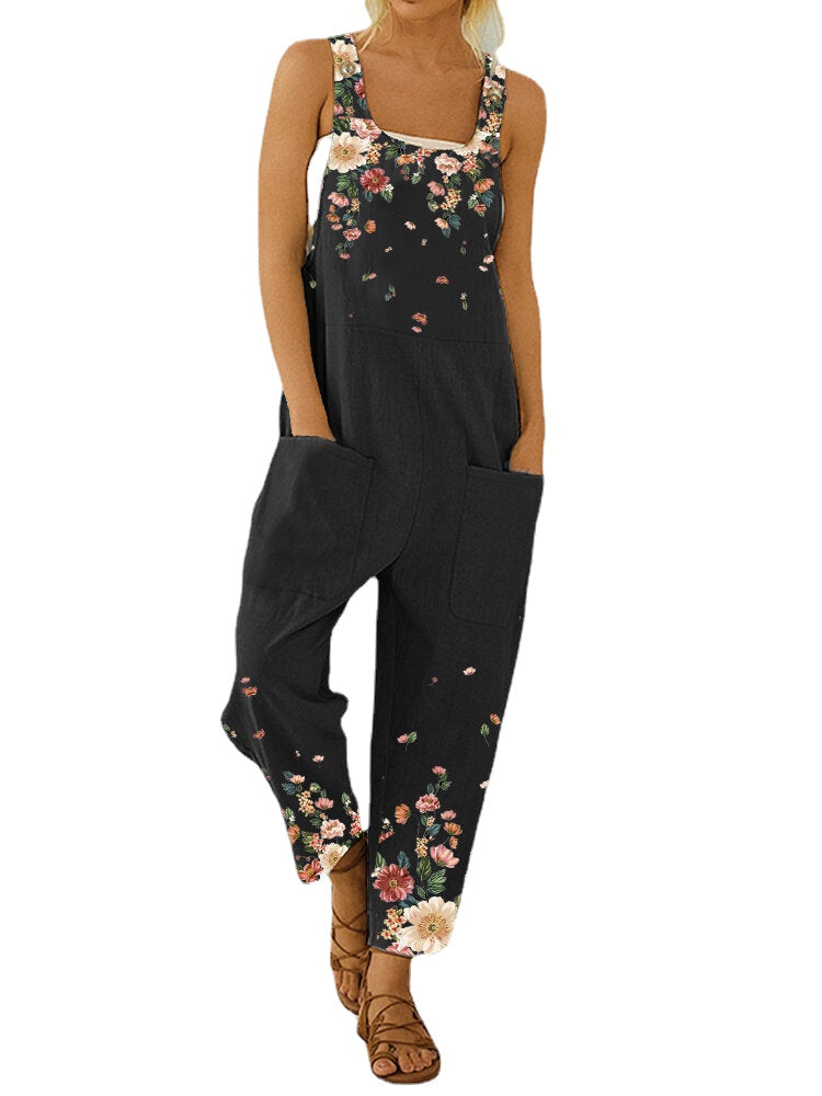 Vintage Floral Print Straps Patchwork Casual Jumpsuit With Pockets For Women