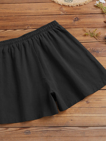 Cotton Solid Pocket Elastic Waist Casual Shorts