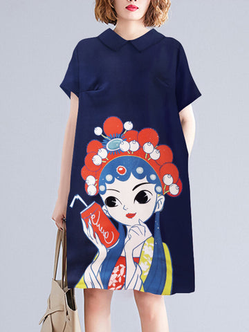Peking Opera Pattern Pocket Short Sleeve Midi Dress