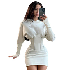 Fashion Solid Color Hot Girls Waist Hoodie Long sleeves Short skirt
