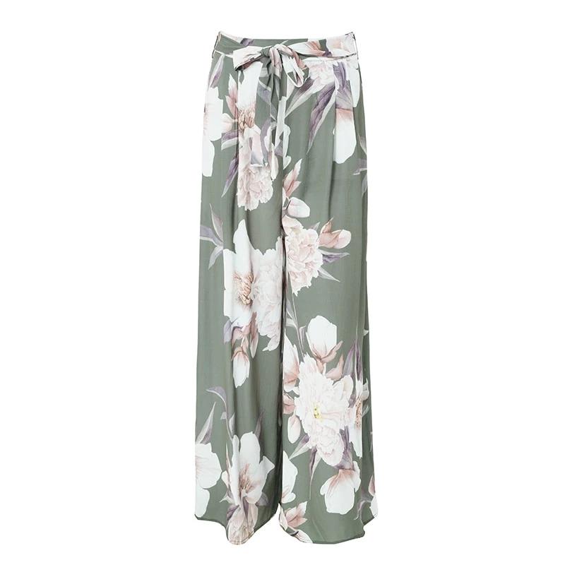 Sash Floral Print Wide Leg Elastic Loose Boho Casual Pants For Women
