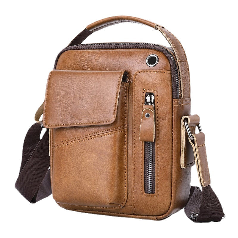 Men's Vintage Leather Crossbody Bag with Multi-Pockets & Headphone Port for 6.5" Phone