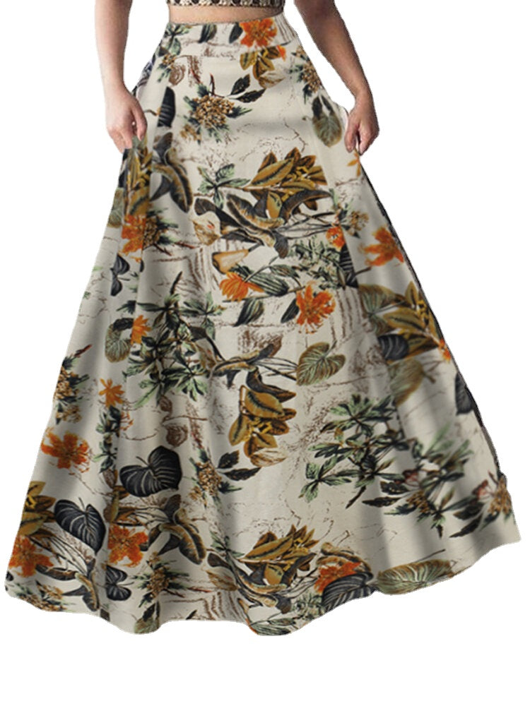 Women 100% Cotton Plant Floral Print High Waist Bohemia Maxi Skirts