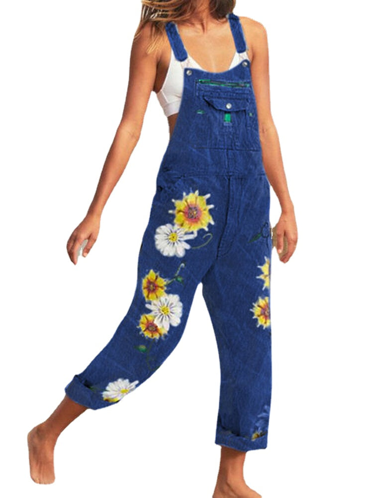 Sunflower Print Sleeveless Straps Casual Jumpsuit Pocket Denim Overalls For Women