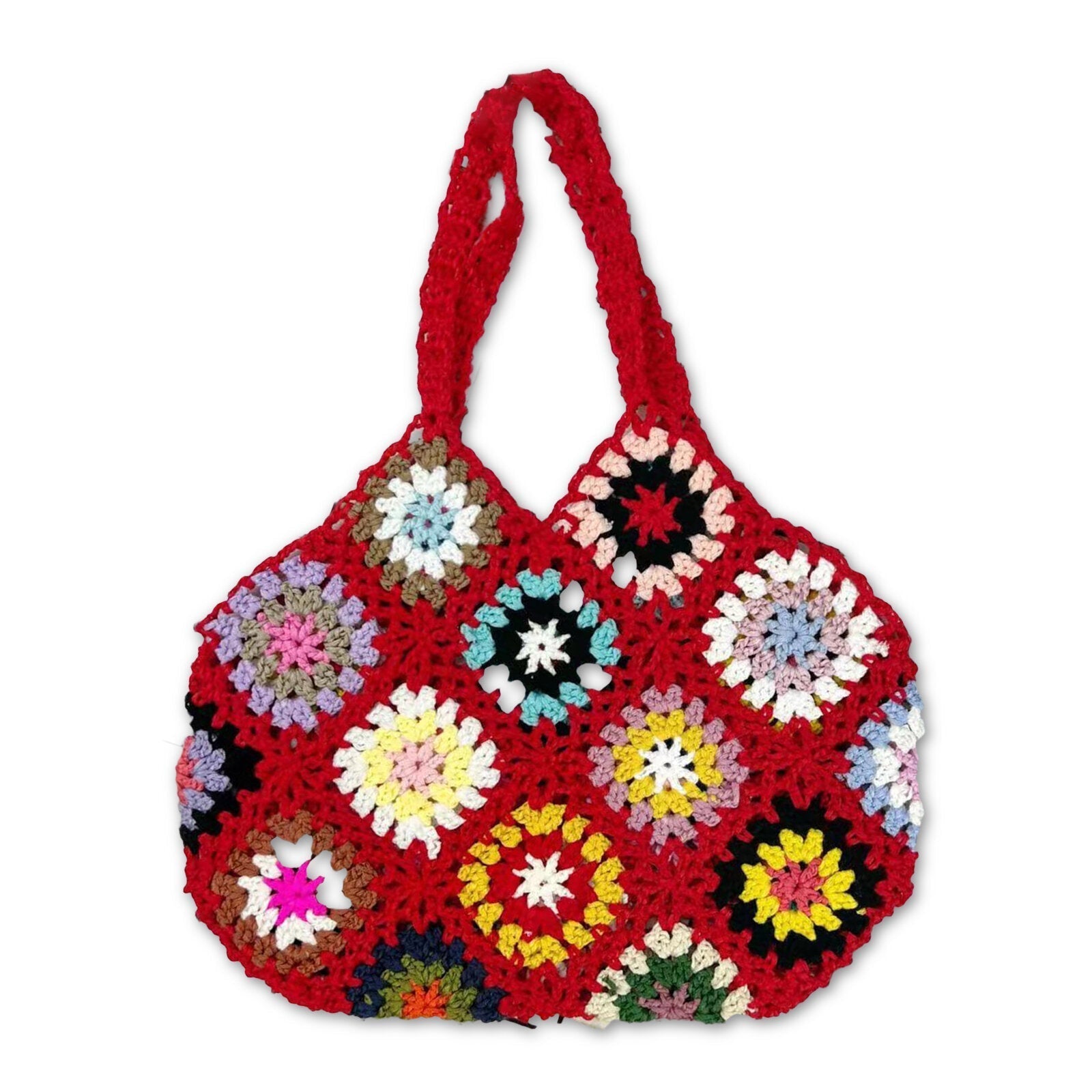 Women Handmade Crochet Ethnic Casual Handbag Mixed Floral Pattern Multifunctional Shoulder Bag Tote